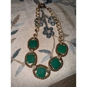 Gold Chain Necklace Green Square Stone Statement Jewelry Fashion Accessory